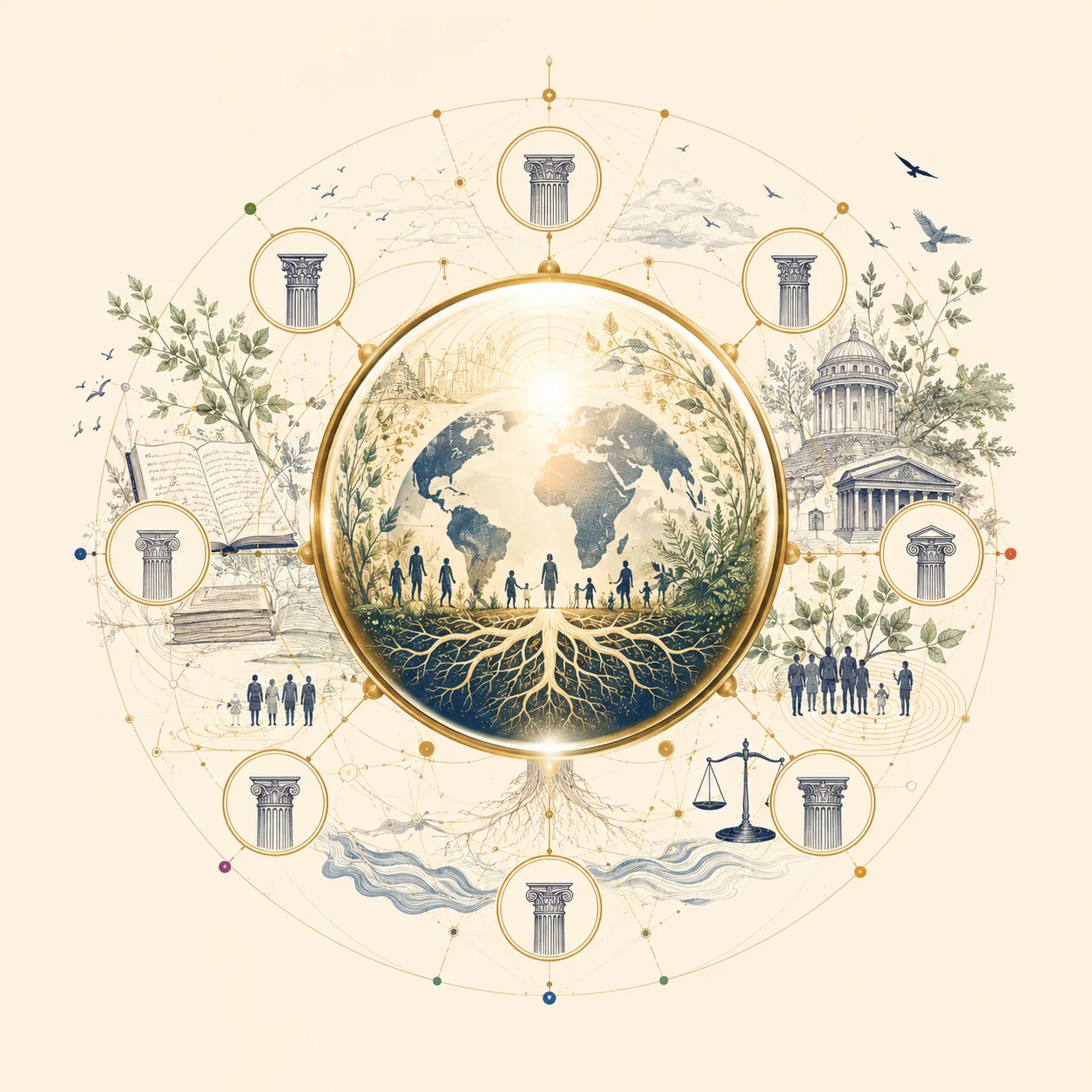 The Commons World Lens — a luminous globe revealing the relationships between people, institutions, evidence, consequence, and the living world.