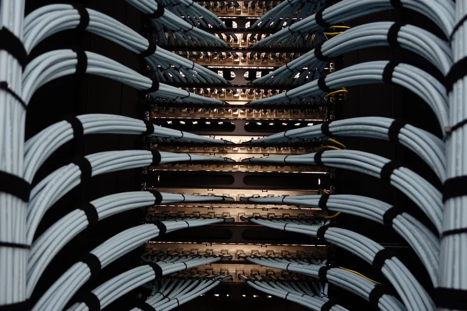 Dense bundles of network cabling in a data centre, the infrastructure behind an always-connected, AI-scale world.