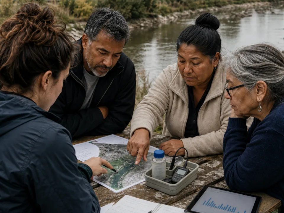Residents examine a local map, a sealed water sample, and field data beside an urban river